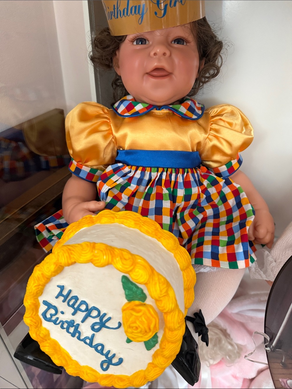 Birthday Party Doll in Yellow Dress with Colorful Plaid Skirt